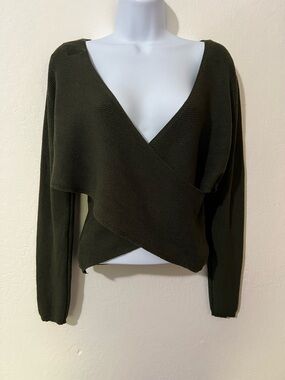 Pink Rose Olive Green V-Neck Wrap Sweater